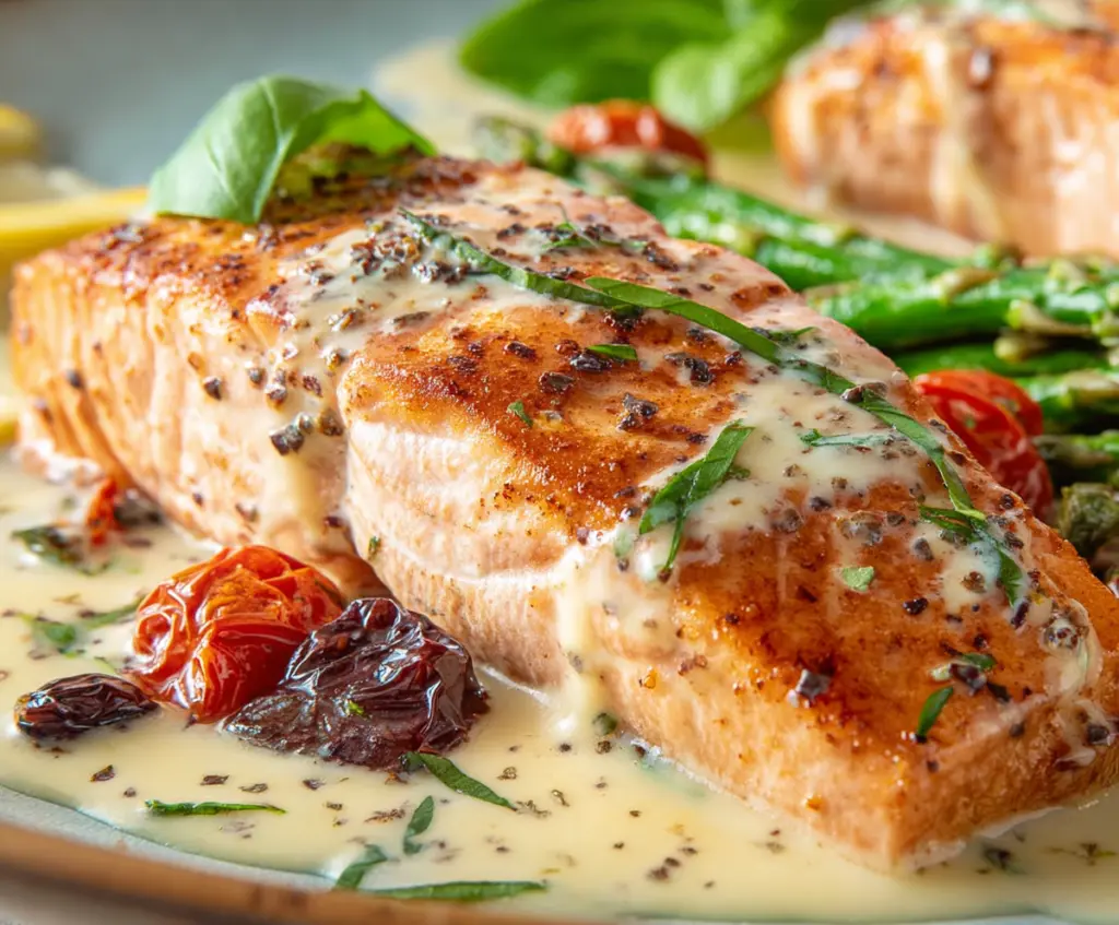 Delicious Marry Me Salmon plated with lemon and herbs for a romantic dinner