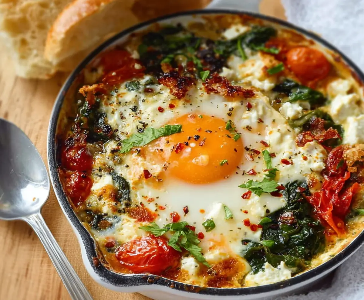 Delicious Mediterranean Baked Feta Eggs served with fresh herbs and crusty bread.