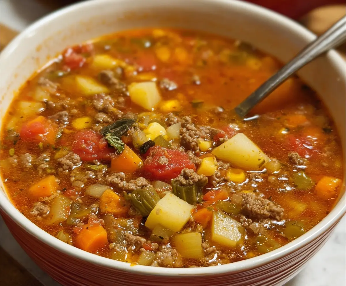 Hearty Old Fashioned Hamburger Soup with beef, vegetables, and rich broth in a bowl.