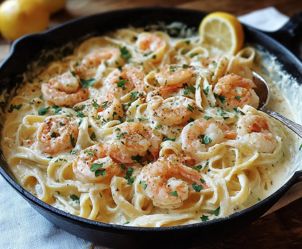 Delicious One Pot Shrimp and Crab Alfredo served in a white bowl, garnished with fresh herbs.