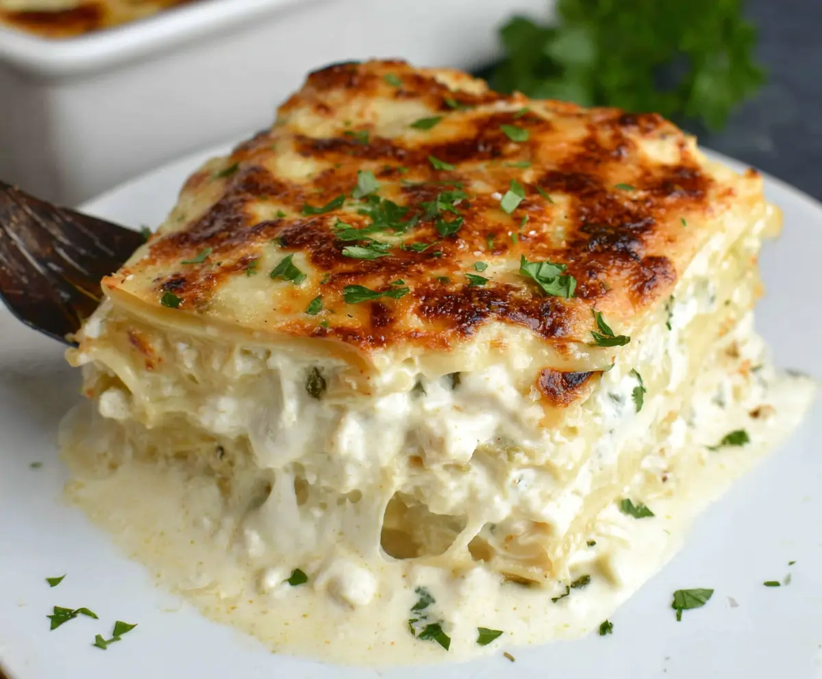 Delicious creamy white lasagna layered with cheese and rich sauce, perfect for a comforting meal.