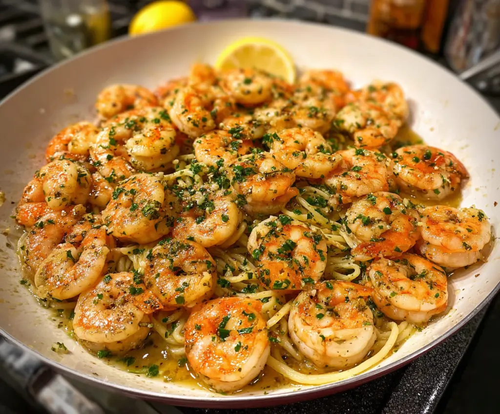 Delicious shrimp scampi served in a white bowl, garnished with fresh herbs for a perfect seafood dish.