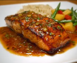 Delicious pineapple glazed salmon served with fresh herbs on a white plate.