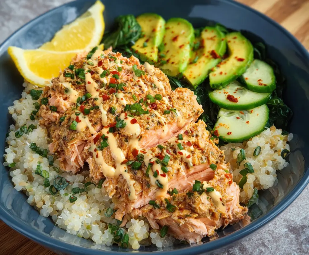 Delicious quick and healthy canned salmon recipe served on a plate with fresh vegetables.