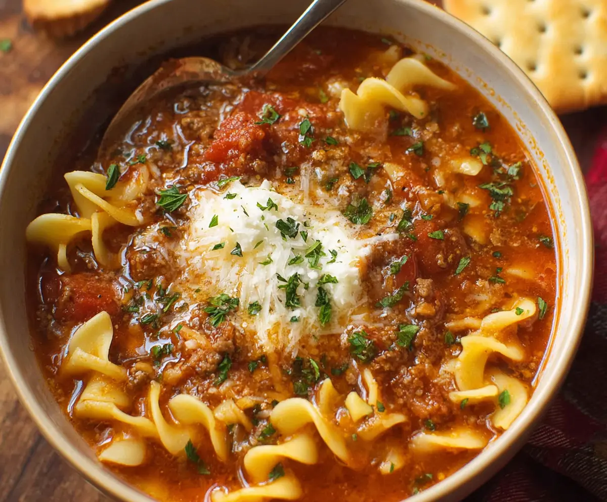 Delicious Quick Lasagna Soup in a bowl with melted cheese and herbs, perfect for a cozy meal.