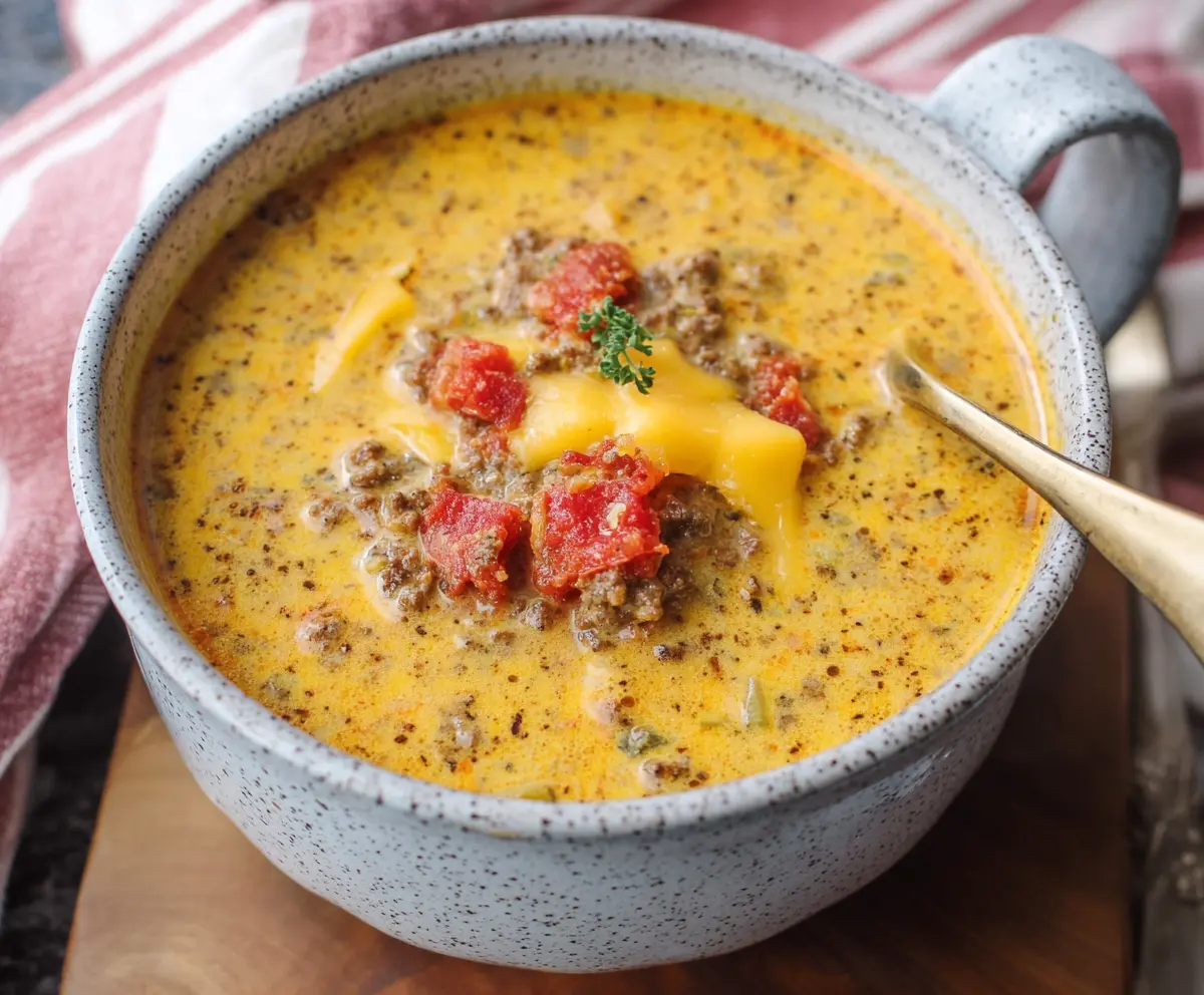 Creamy cheeseburger soup with melted cheese, ground beef, and fresh vegetables in a bowl.