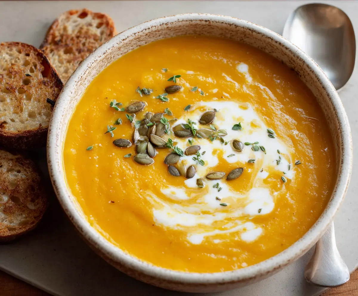 Creamy roasted butternut squash soup served in a rustic bowl, garnished with fresh herbs.