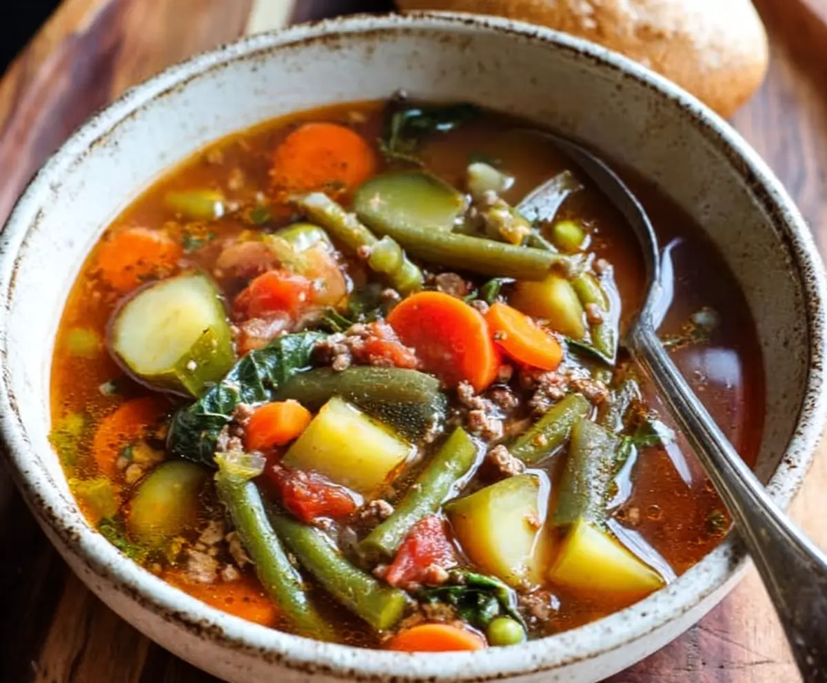 A hearty bowl of rustic vegetable soup with colorful fresh vegetables and herbs.