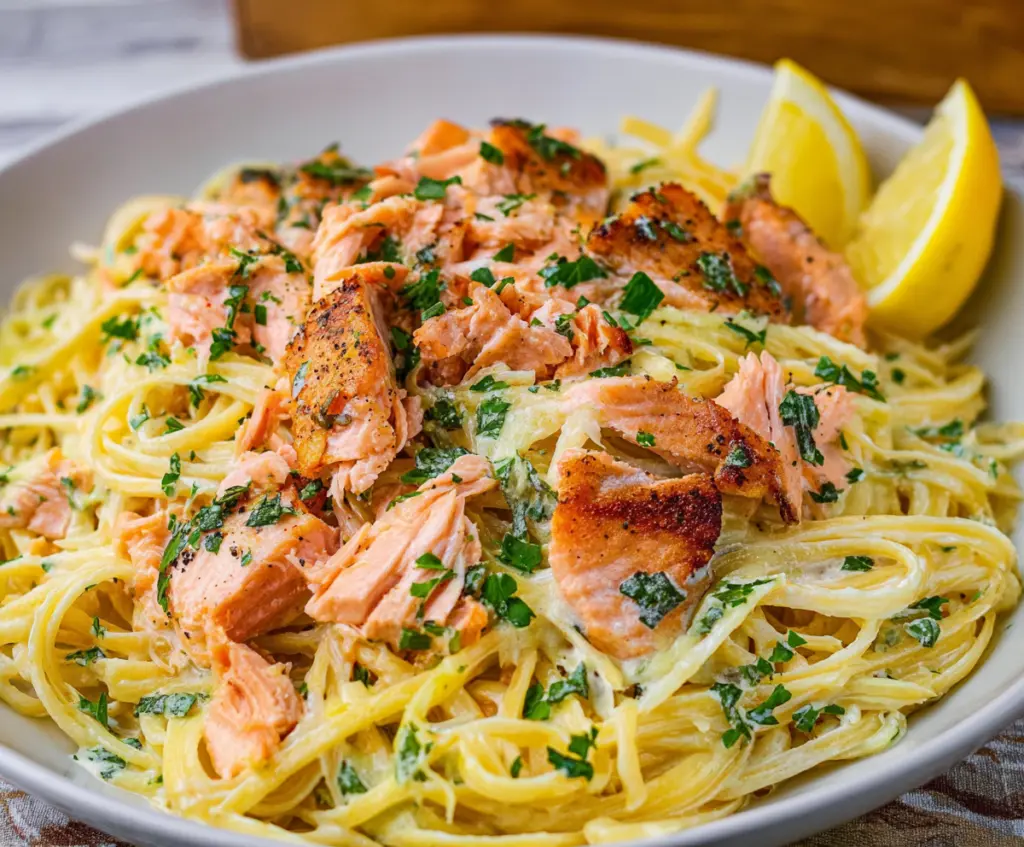 Delicious salmon pasta with a creamy lemon sauce served on a white plate.