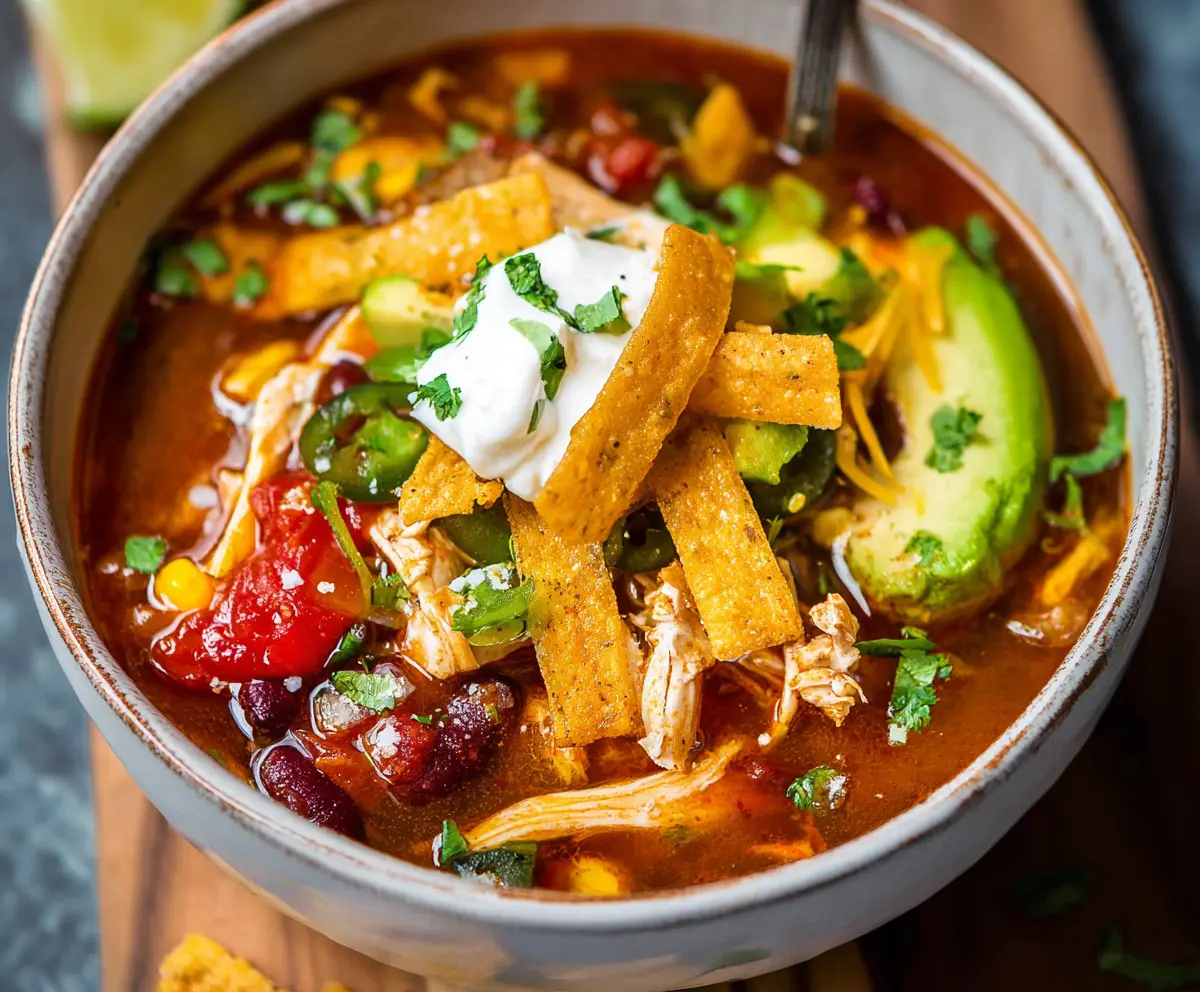 Bowl of delicious savory chicken tortilla soup topped with fresh herbs and cheese.