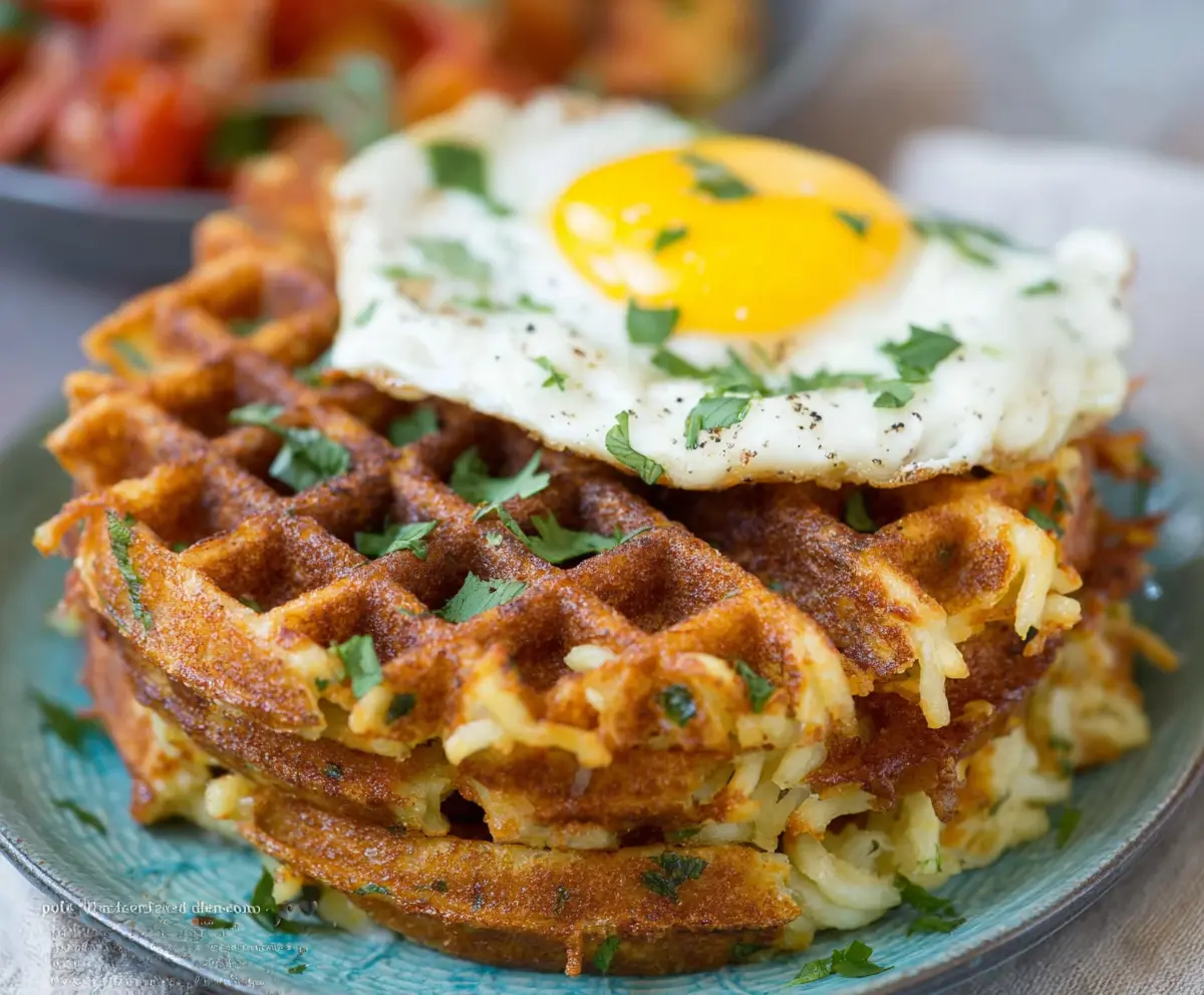 Delicious savory hashbrown chaffle on a plate, perfect for a healthy breakfast recipe.