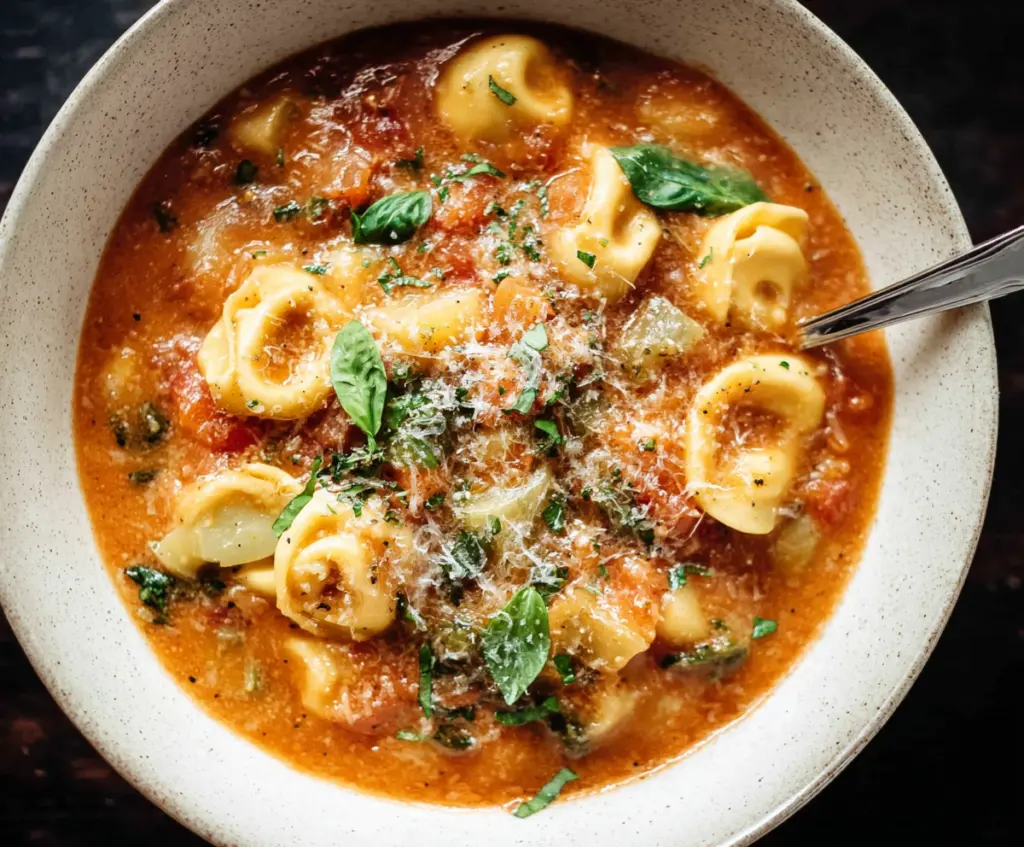 Creamy tortellini soup with fresh herbs in a bowl, perfect for a cozy meal.