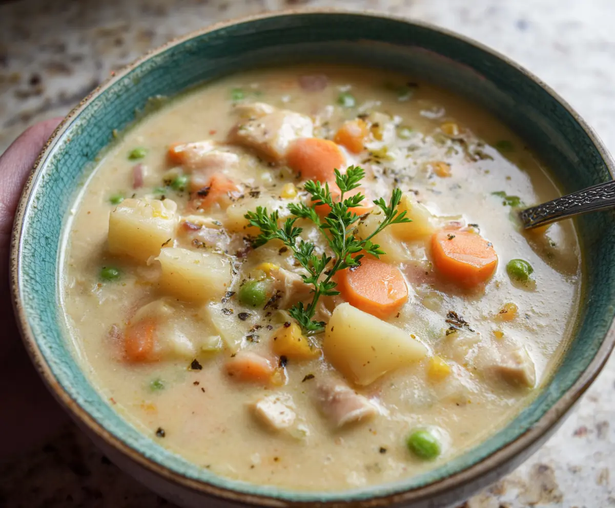 Creamy slow cooker potato soup garnished with herbs in a bowl for a cozy meal.