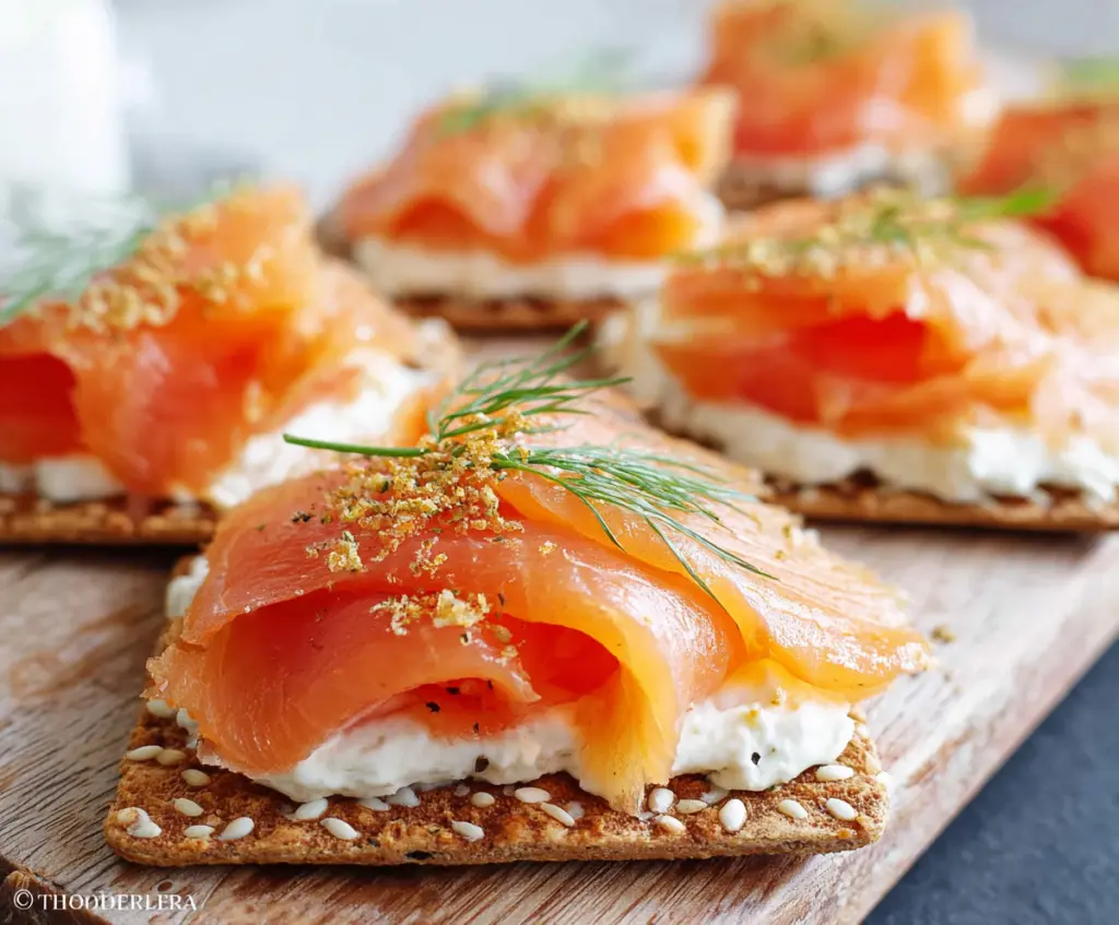 Delicious smoked salmon cream cheese crackers served as an elegant appetizer.