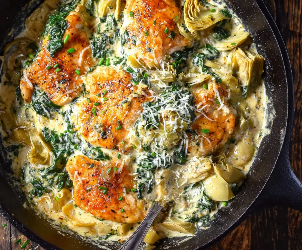 Delicious spinach artichoke chicken skillet served on a low carb dinner plate.