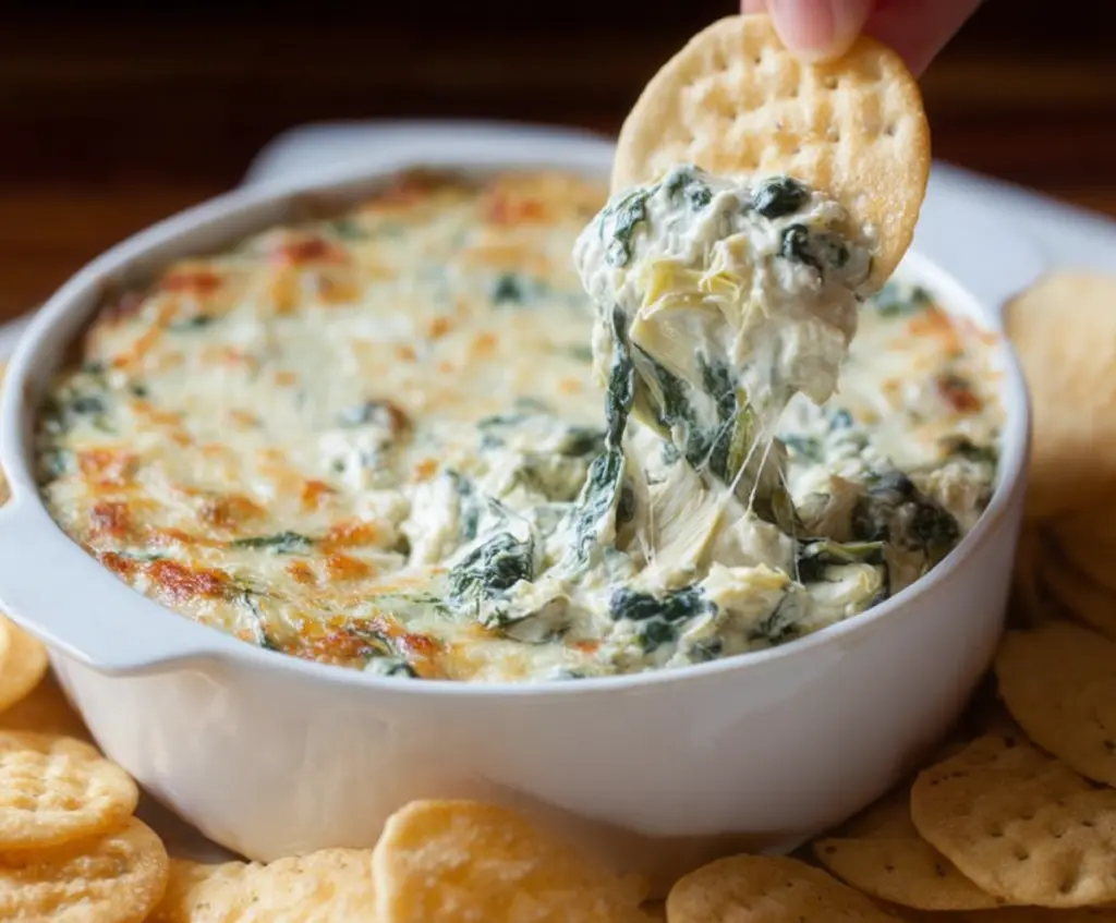 Creamy spinach and artichoke dip served with crispy chips