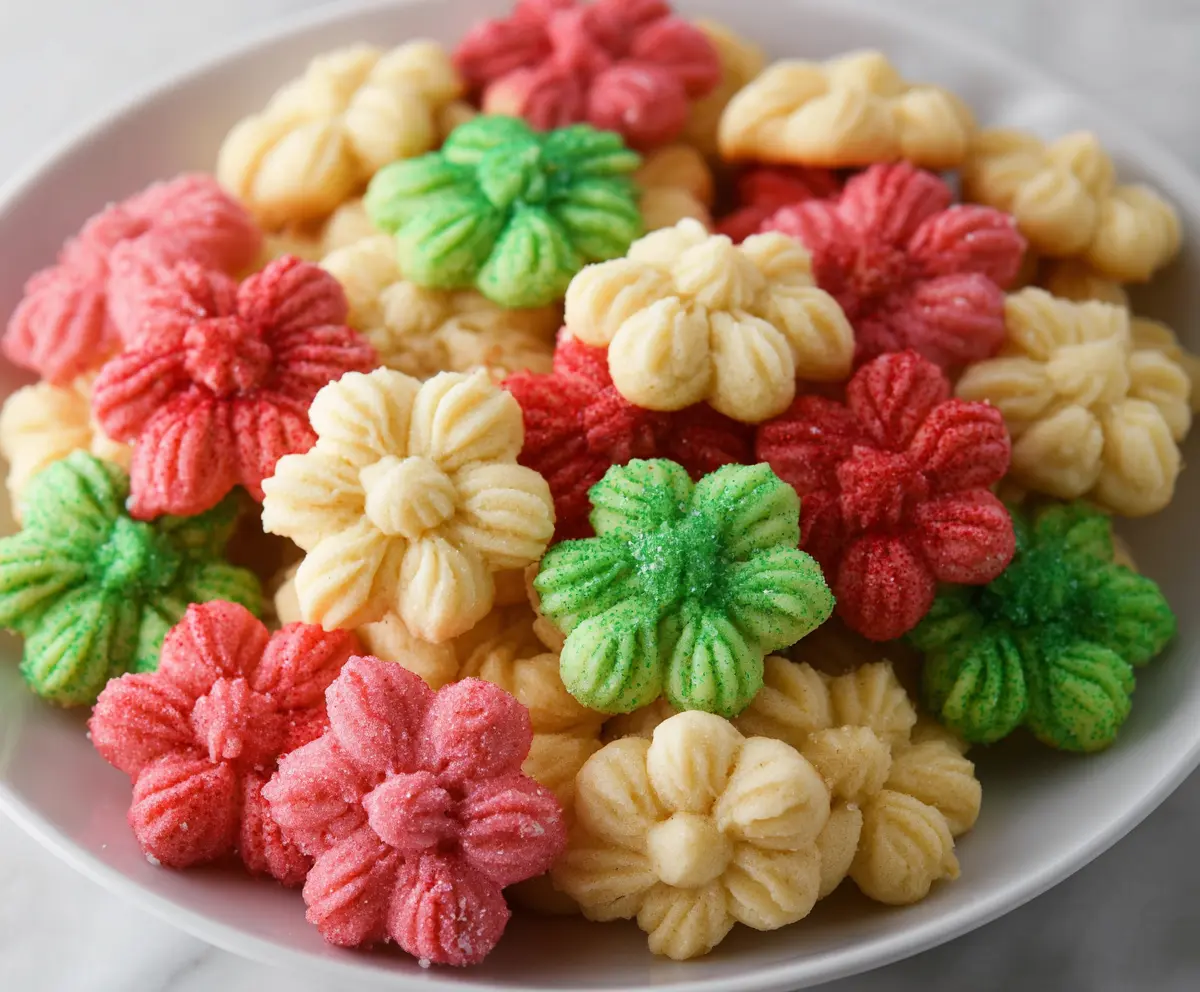 Delicious homemade spritz cookies decorated with colorful icing on a baking tray