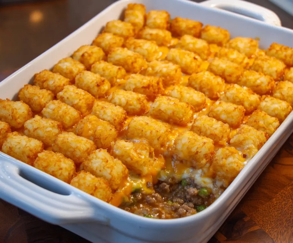 Delicious Tater Tot Casserole with melted cheese and crispy golden toppings