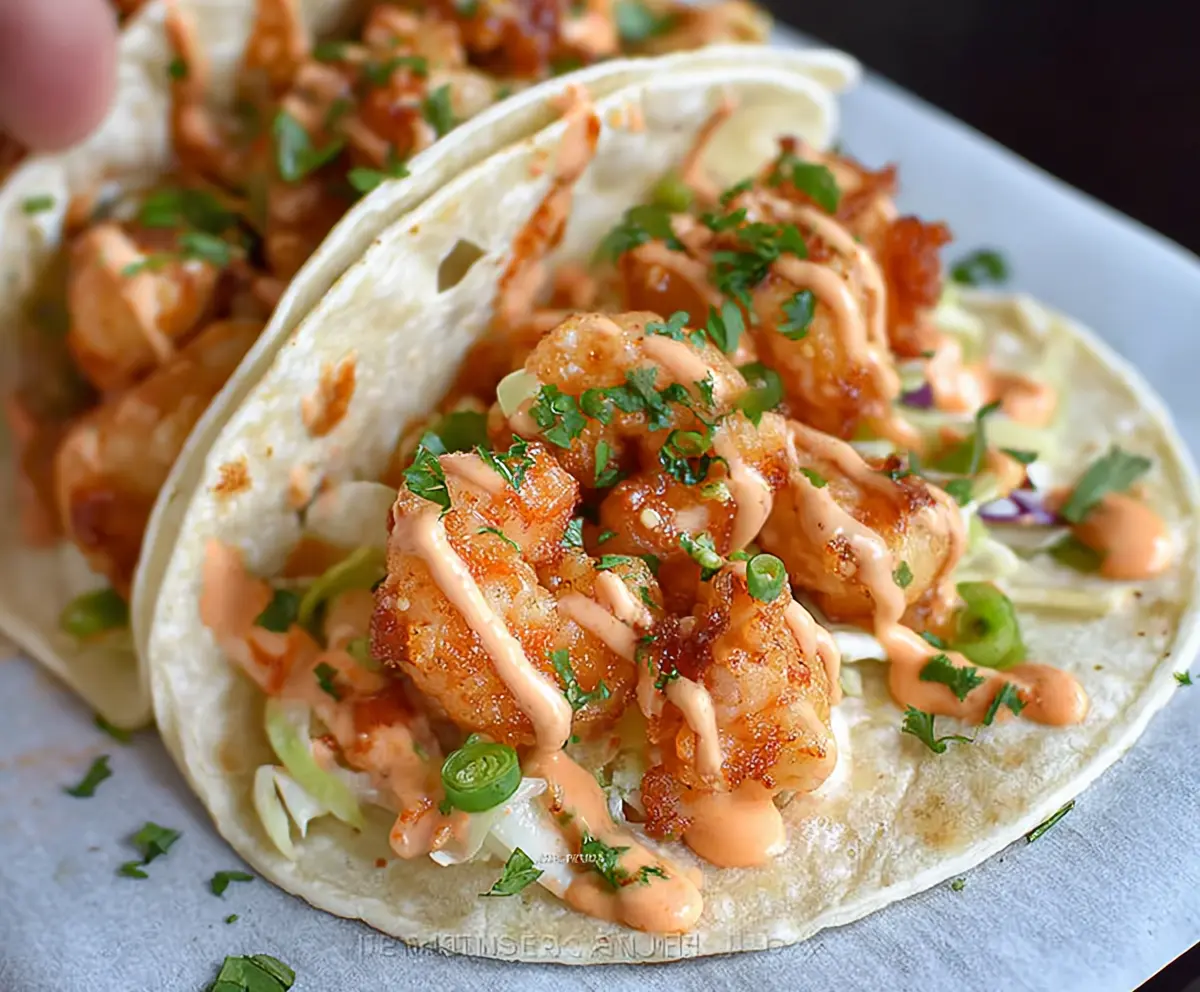 Delicious Bang Bang Shrimp Tacos topped with spicy creamy sauce and fresh vegetables.