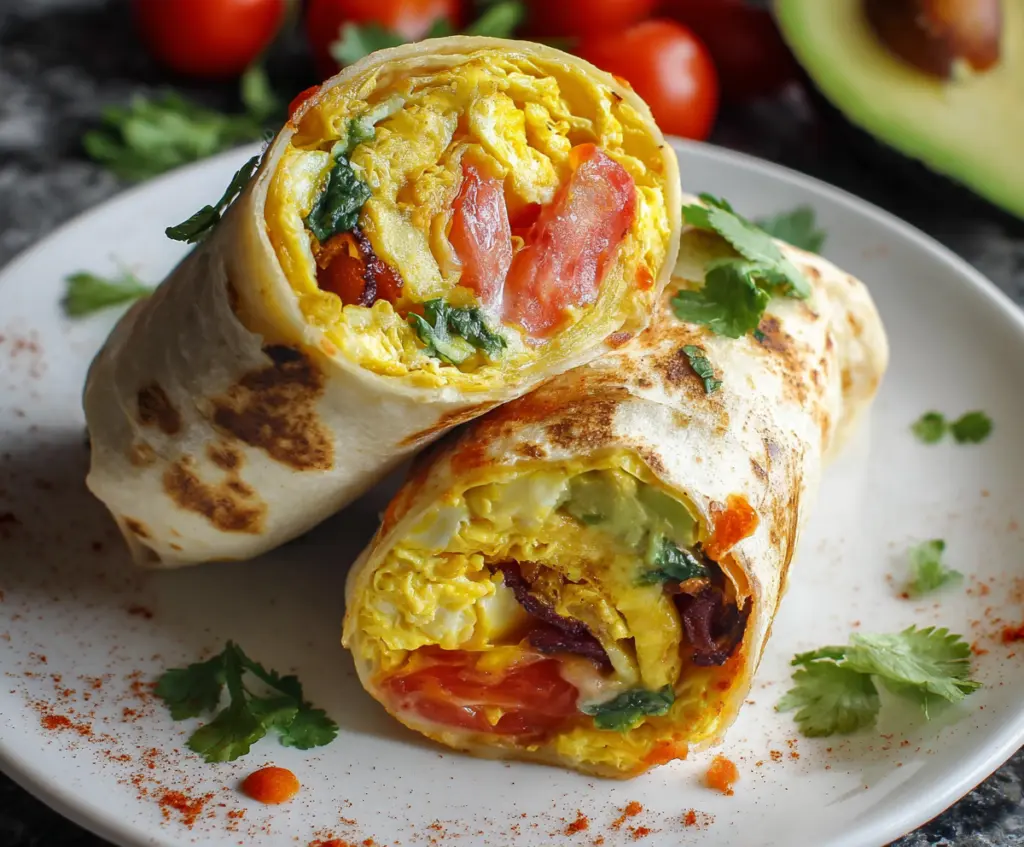 Healthy breakfast burritos filled with fresh vegetables and scrambled eggs on a plate.