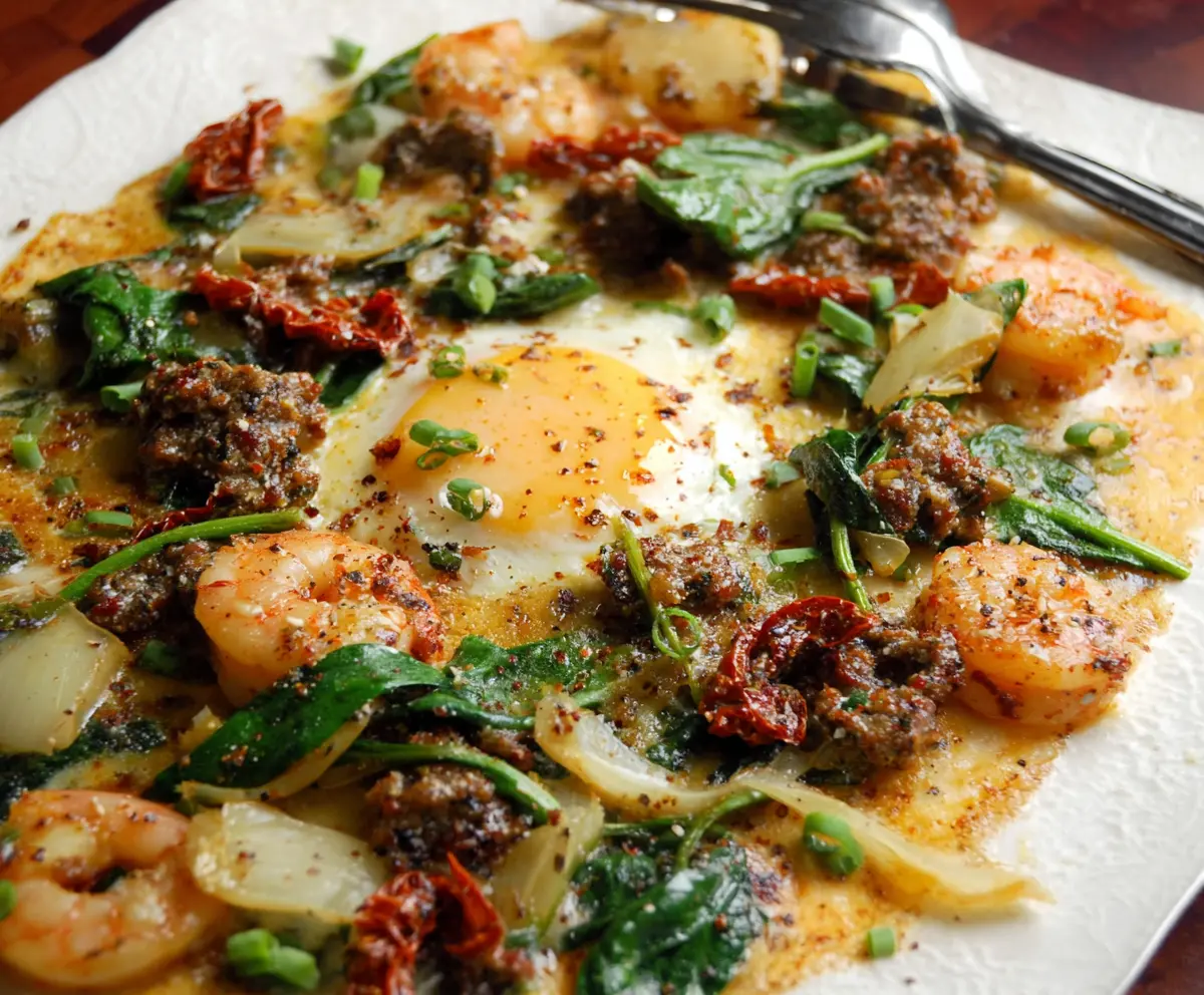 Delicious Tuscan Shrimp dish with spinach, artichokes, and sun-dried tomatoes in a bowl.