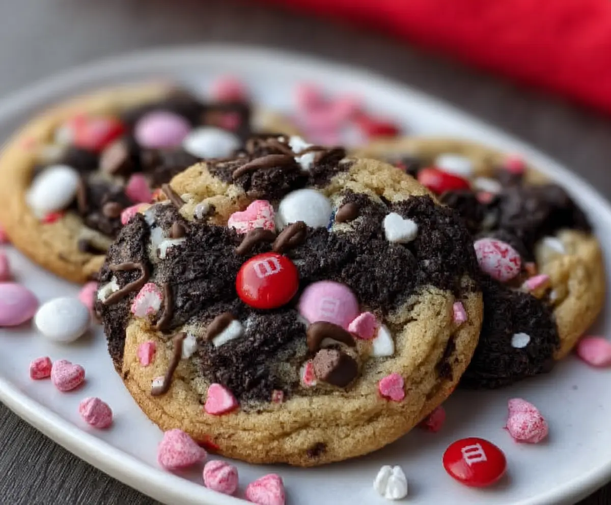 Delicious Valentine's Day Oreo cookies decorated with M&M's and pink icing.