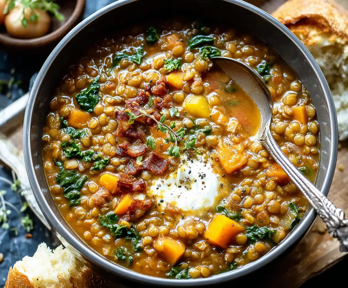 Delicious warm lentil soup in a bowl garnished with fresh herbs, perfect for a cozy meal.