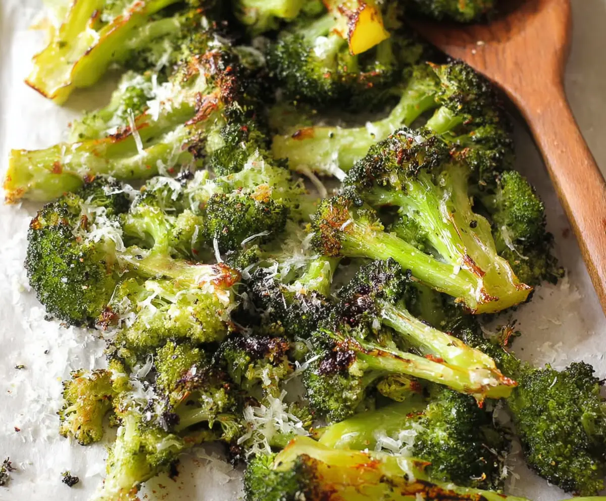 Delicious roasted broccoli florets seasoned and baked to perfection