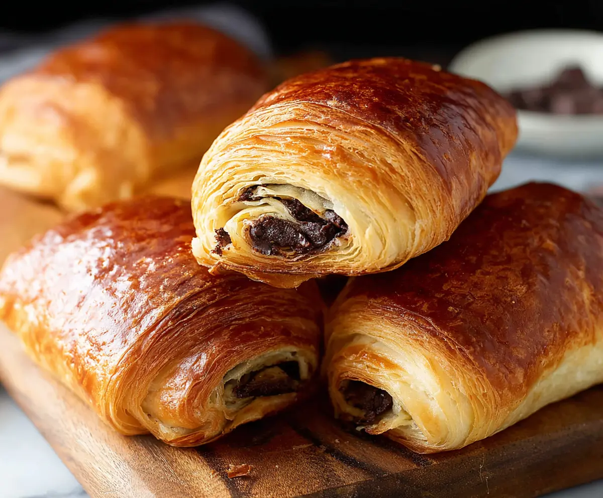 Freshly baked chocolate croissants on a plate, golden and flaky with rich chocolate filling.