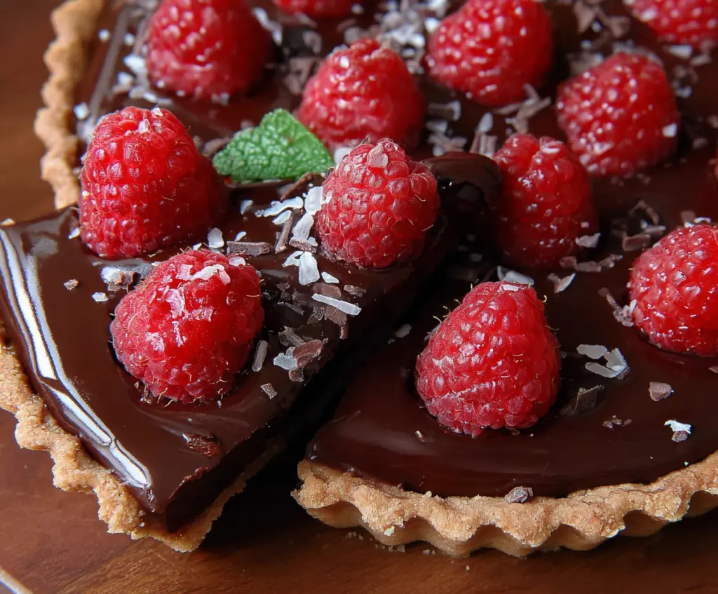 Delicious chocolate raspberry tart, perfect for Valentine's Day desserts, showcasing fresh raspberries and rich chocolate filling.
