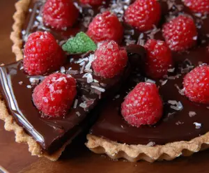 Delicious chocolate raspberry tart, perfect for Valentine's Day desserts, showcasing fresh raspberries and rich chocolate filling.