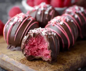 Decadent chocolate raspberry truffles perfect for Valentine's Day desserts.