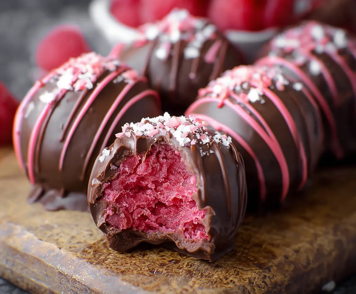 Decadent chocolate raspberry truffles perfect for Valentine's Day desserts.