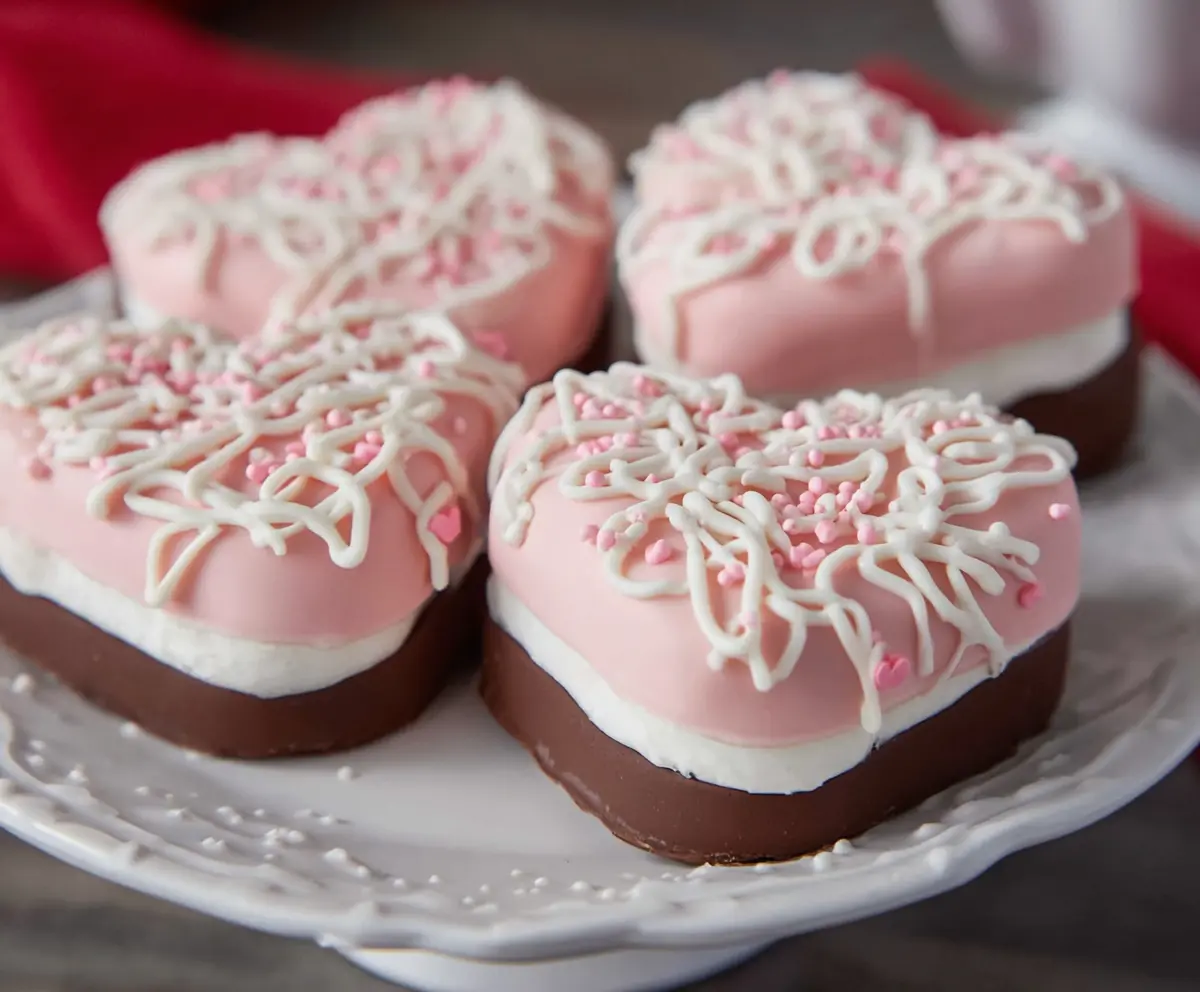 Delicious Copycat Little Debbie Valentines Cakes with pink frosting and sprinkles, perfect for Valentine's Day treats.