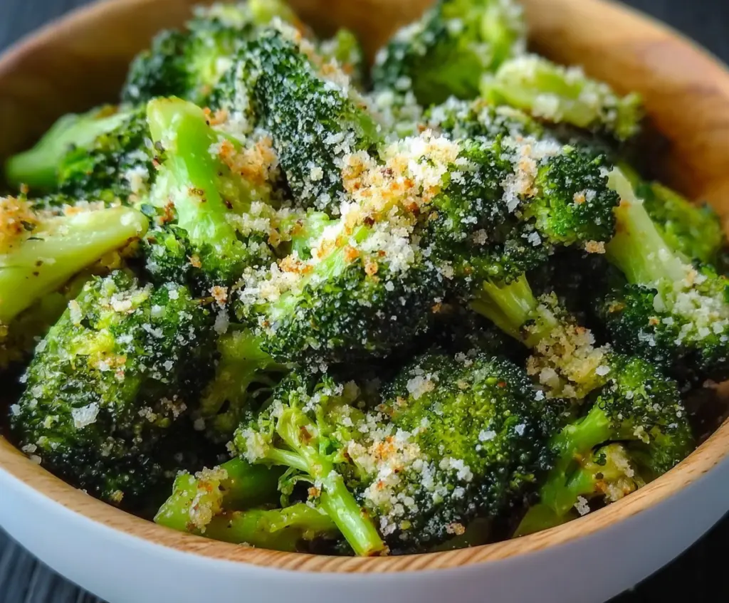 Delicious Copycat Longhorn Garlic Parmesan Broccoli served on a white plate with fresh herbs