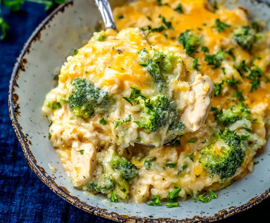 Delicious Creamy Chicken Broccoli Rice Cheese Casserole cooked with tender chicken, fresh broccoli, and melted cheese
