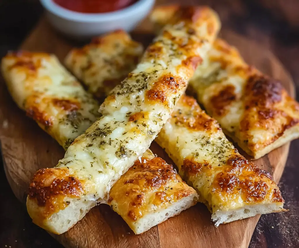 Golden crispy sourdough cheesy breadsticks with melted cheese and herbs on a rustic plate.