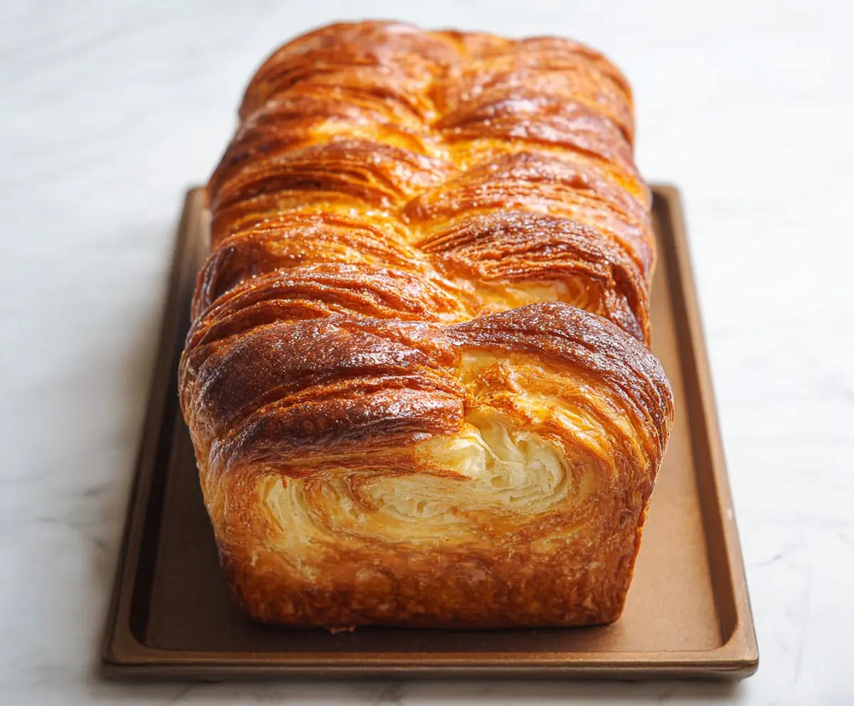 Freshly sliced croissant bread loaf with golden crust and flaky layers.