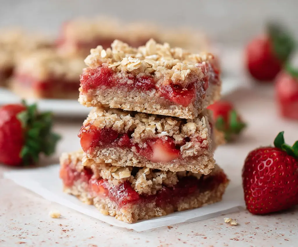 Delicious Healthy Strawberry Oatmeal Bars on a plate, showcasing vegan and gluten-free ingredients.