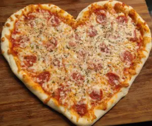 Delicious heart-shaped pizza with melted cheese and fresh toppings, perfect for romantic dinners.