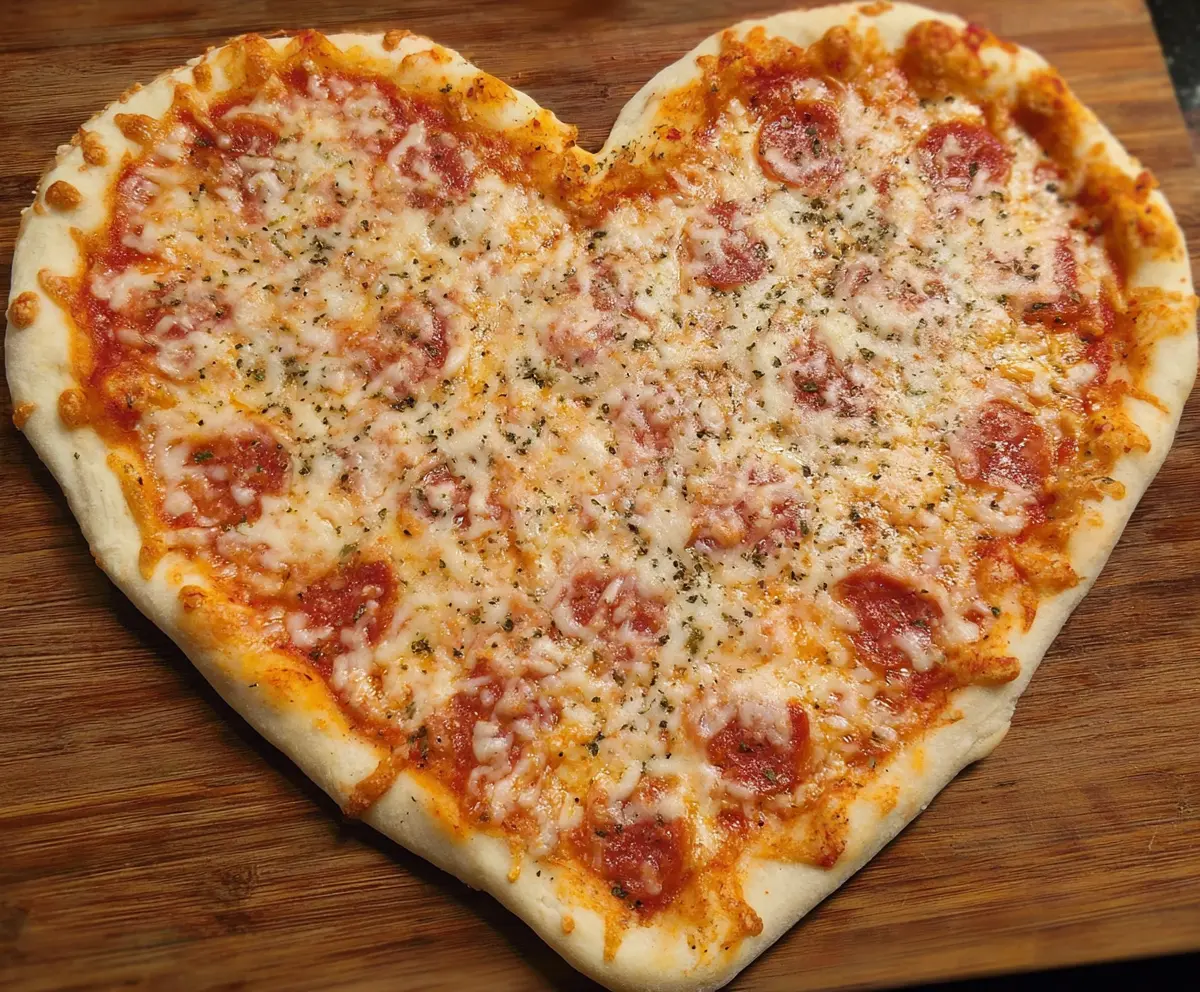 Delicious heart-shaped pizza with melted cheese and fresh toppings, perfect for romantic dinners.