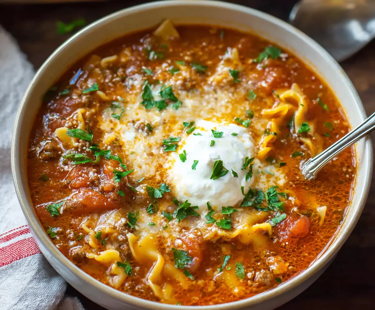 Delicious homemade lasagna soup with layers of cheese, pasta, and rich tomato broth in a bowl.