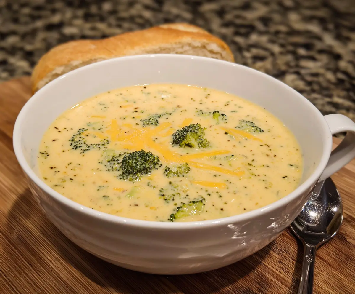 Creamy Panera Broccoli Cheese Soup served in a bowl with fresh bread on the side.