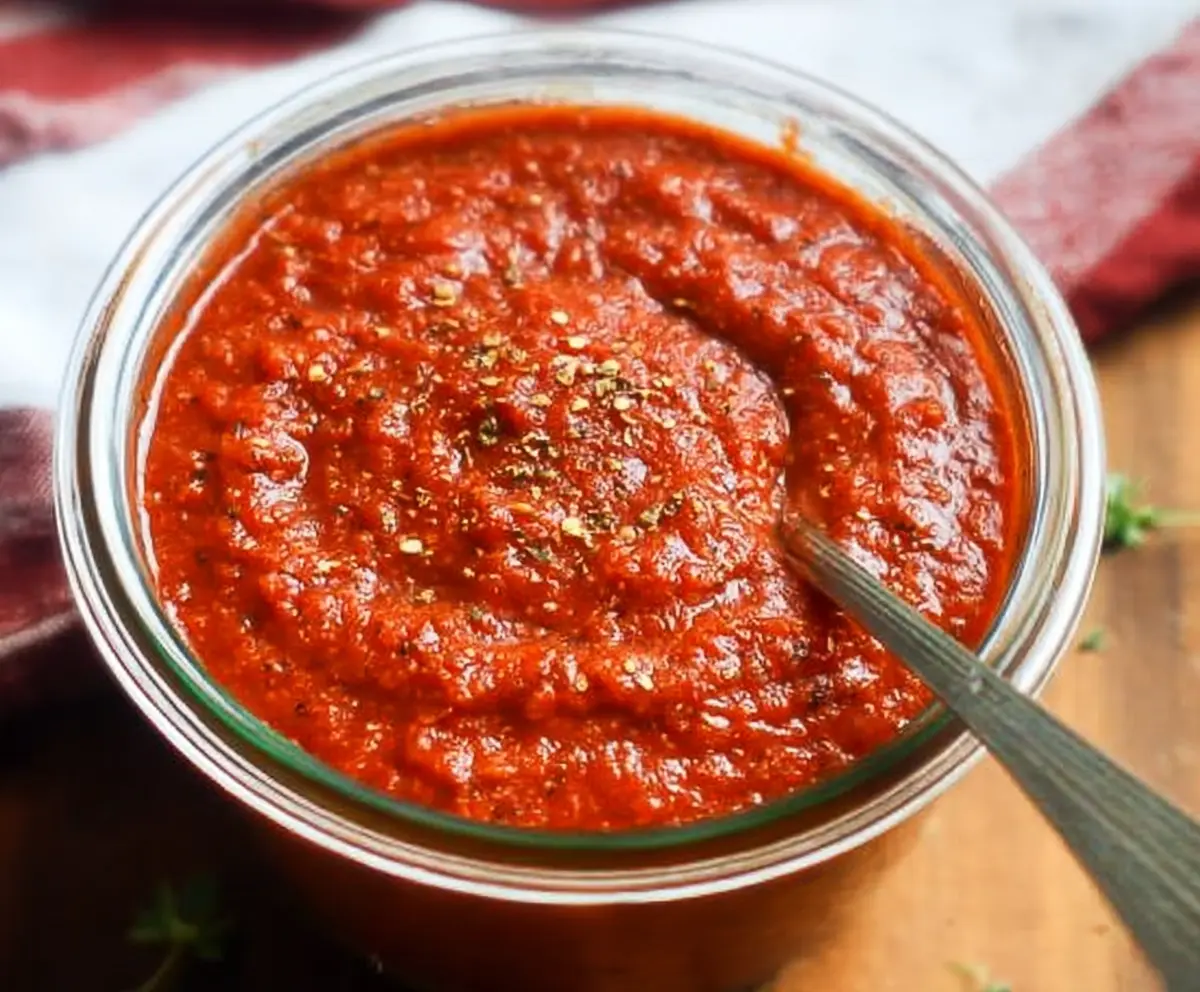 Homemade pizza sauce in a bowl, with fresh ingredients and herbs for a flavorful base.
