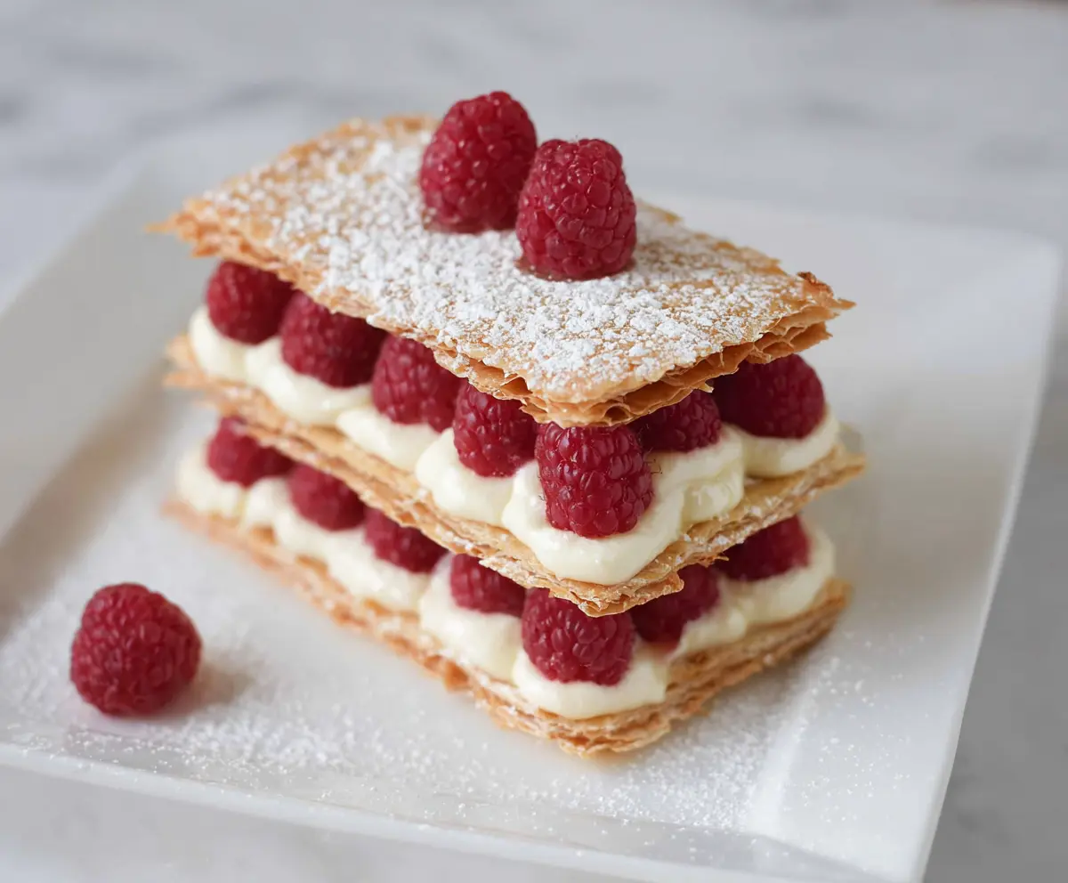 Delicious Raspberry Cream Napoleon layers in a romantic Valentine's dessert presentation.