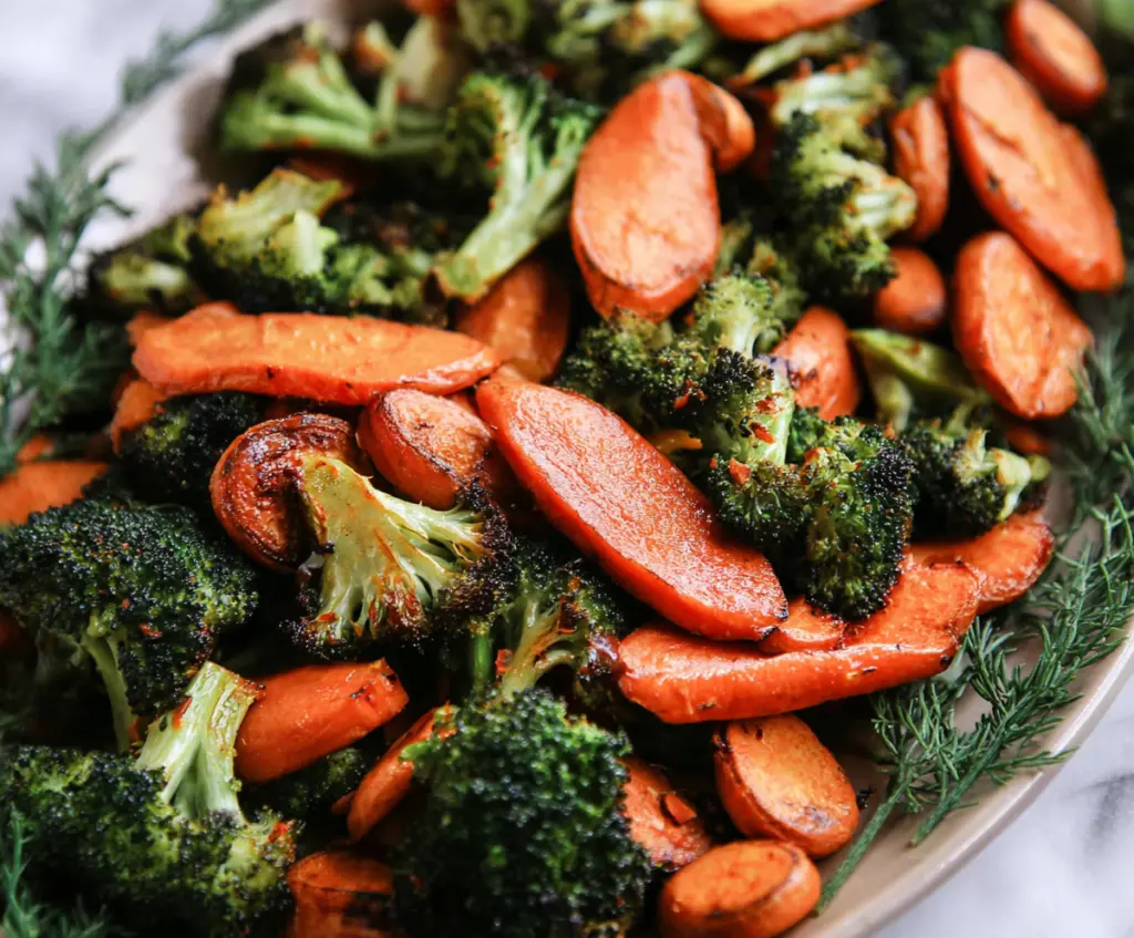 Delicious roasted broccoli and carrots served as a healthy side dish.