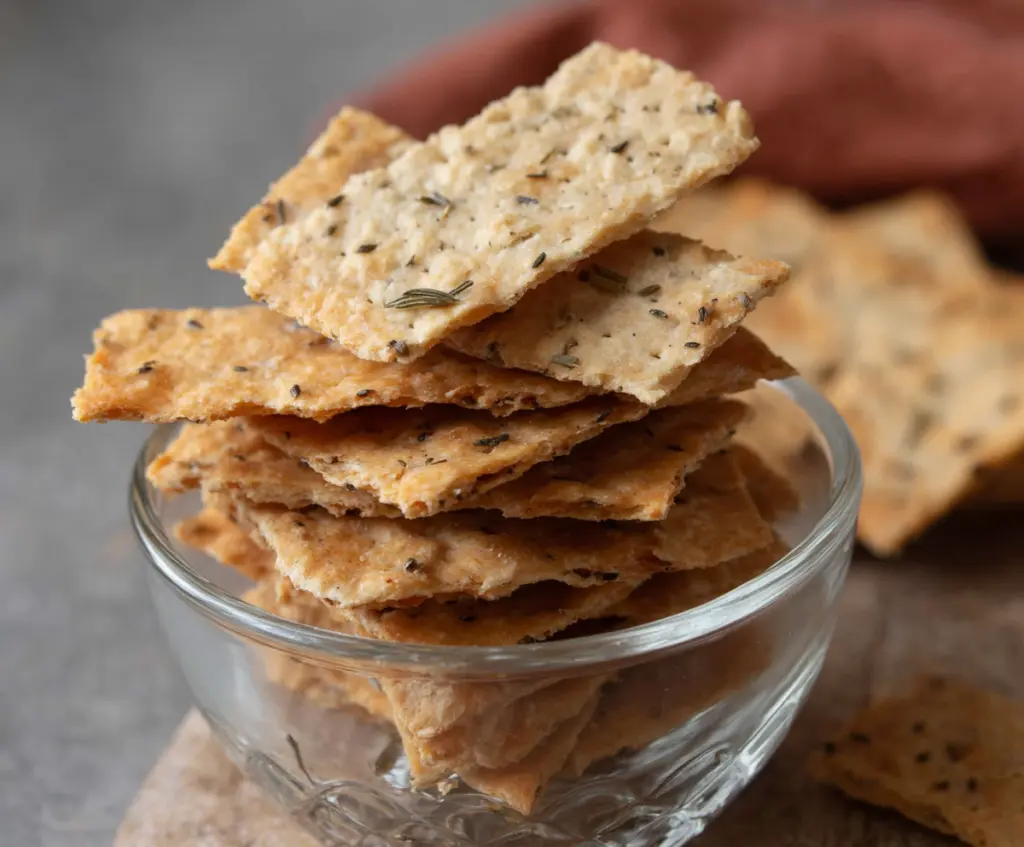 Homemade sourdough crackers with three simple ingredients on a wooden surface.