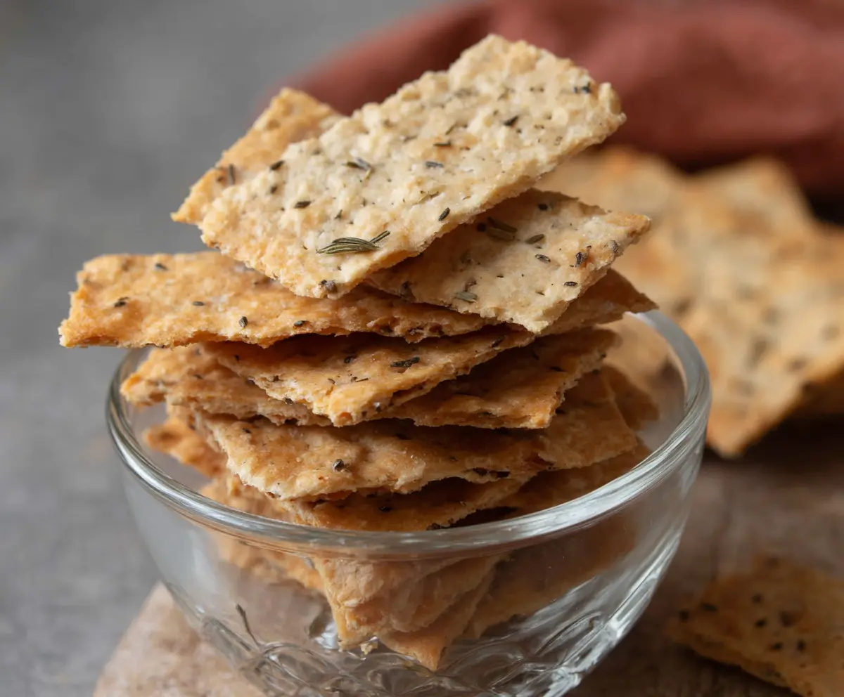 Homemade sourdough crackers with three simple ingredients on a wooden surface.