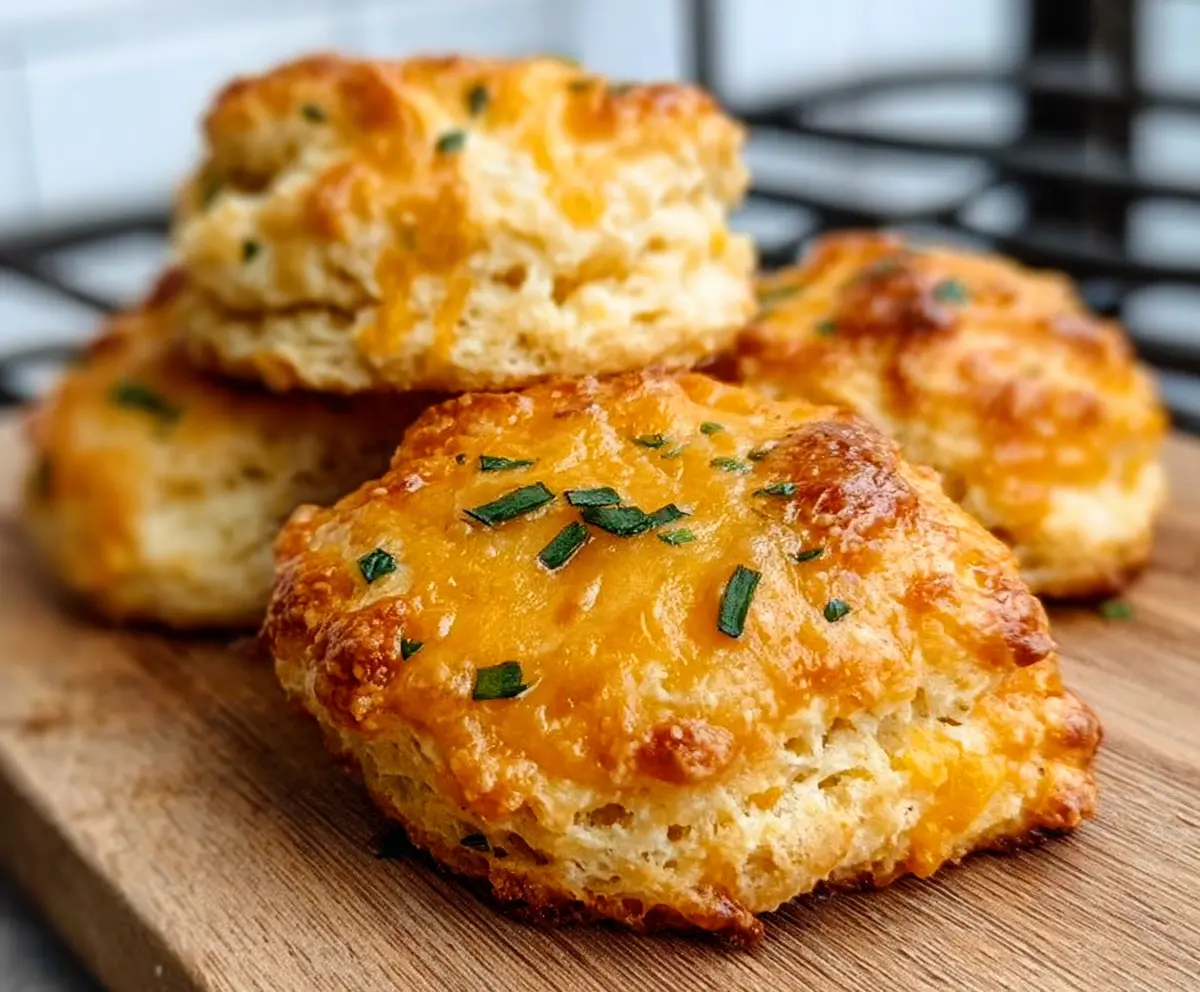 Golden Sourdough Discard Cheddar Biscuits on a rustic wooden table, fresh and cheesy.