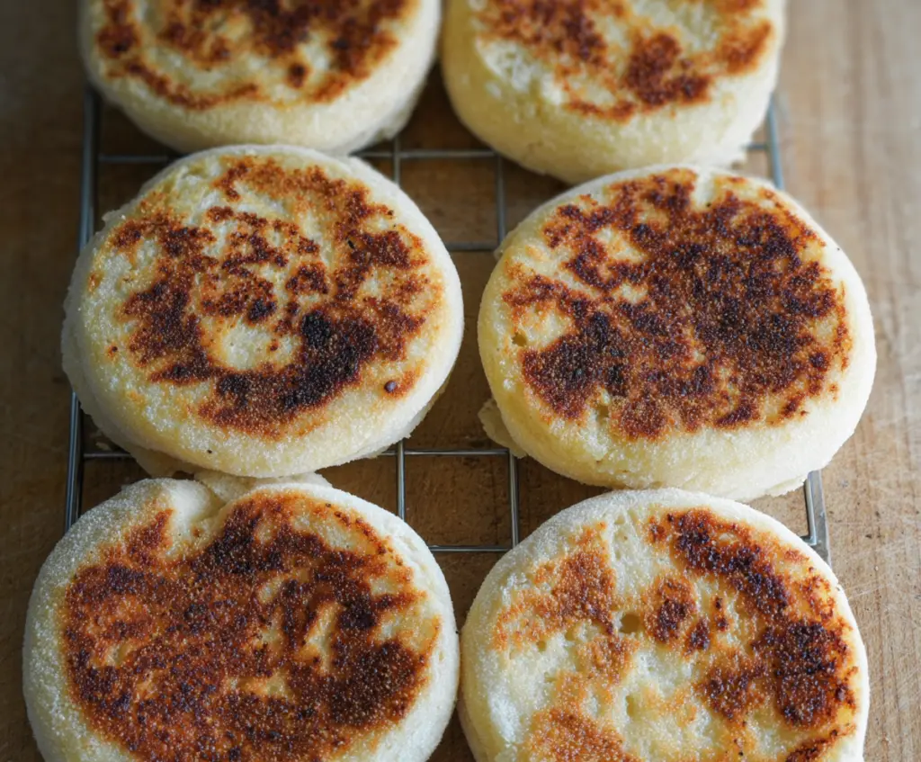 Homemade sourdough discard English muffins on a wooden cutting board with butter and jam
